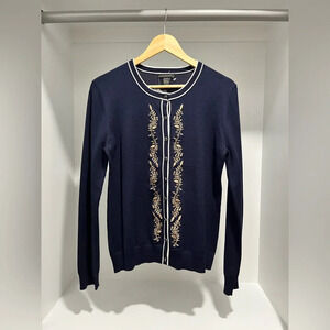 Esperanza Navy Blue embroidered lightweight knit button up Cardigan Large NWT